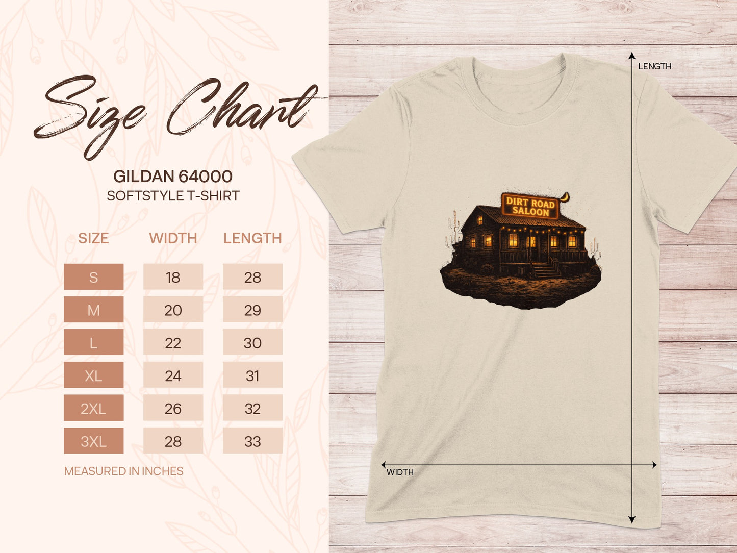 Gildan 64000 size chart for softstyle t-shirts with measurements.