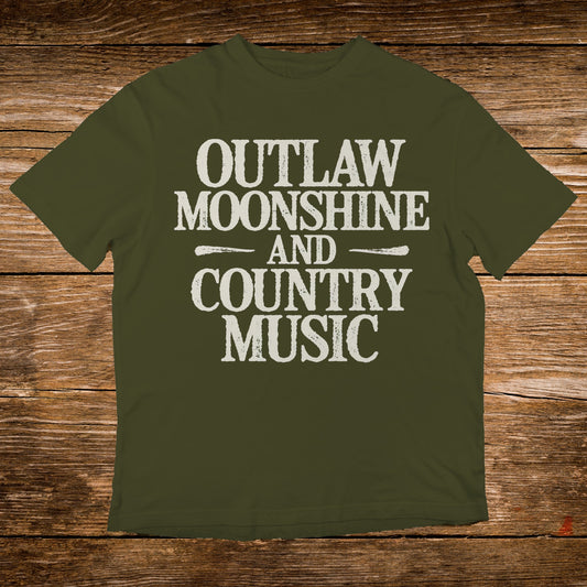 Olive green t-shirt with "Outlaw Moonshine and Country Music" text.