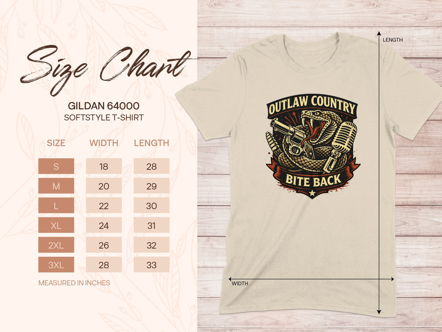 Gildan 64000 softstyle t-shirt size chart with measurements.