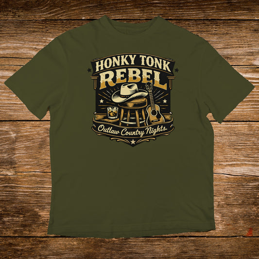 Olive green t-shirt with "Honky Tonk Rebel" text and western graphic.