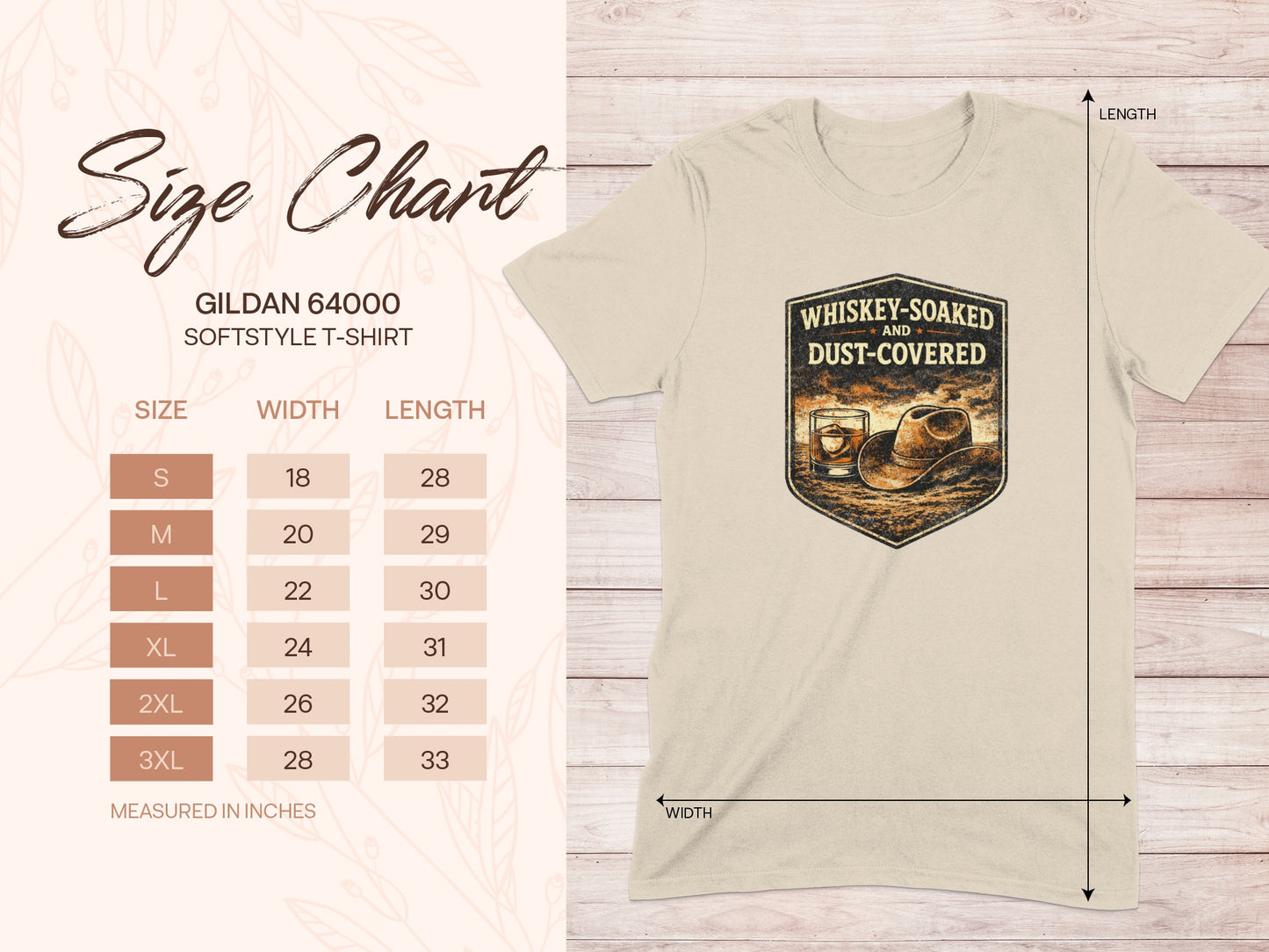 Gildan 64000 size chart for softstyle t-shirts, with whiskey-soaked and dust-covered graphic.