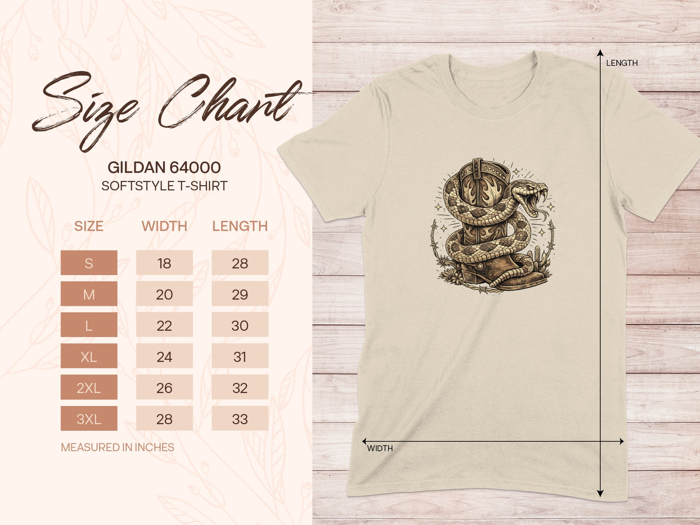 Gildan 64000 Softstyle T-Shirt size chart with width and length measurements.