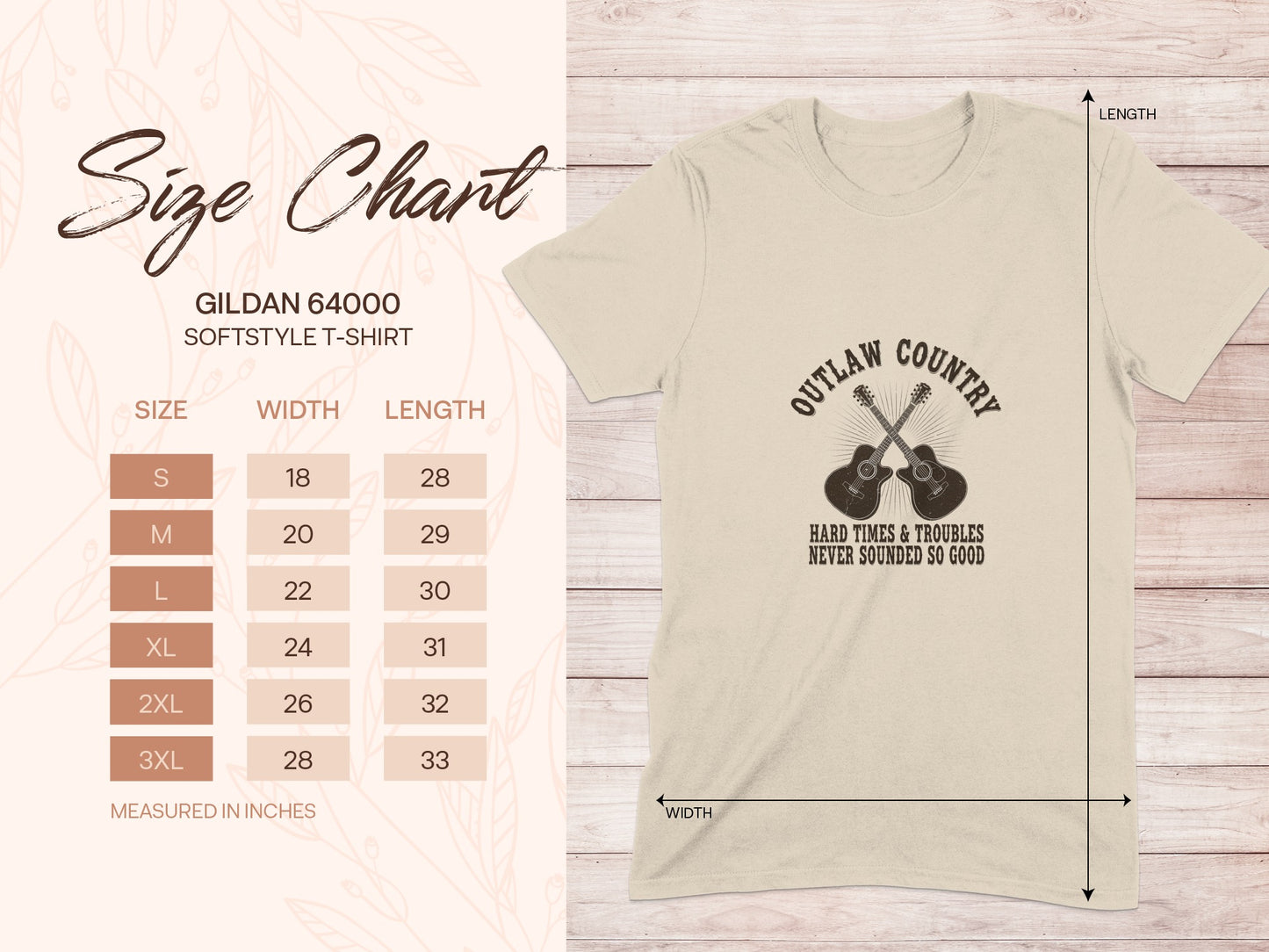 Gildan 64000 softstyle t-shirt size chart with outlaw country graphic.