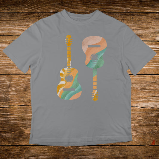 Two stylized guitars with wavy abstract patterns on a gray t-shirt.