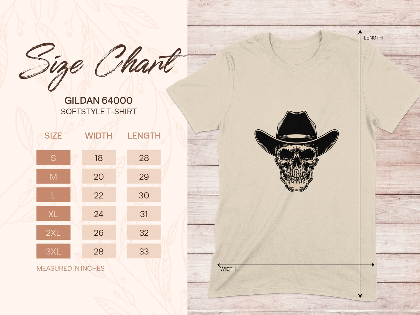 Gildan 64000 softstyle t-shirt size chart with measurements in inches.