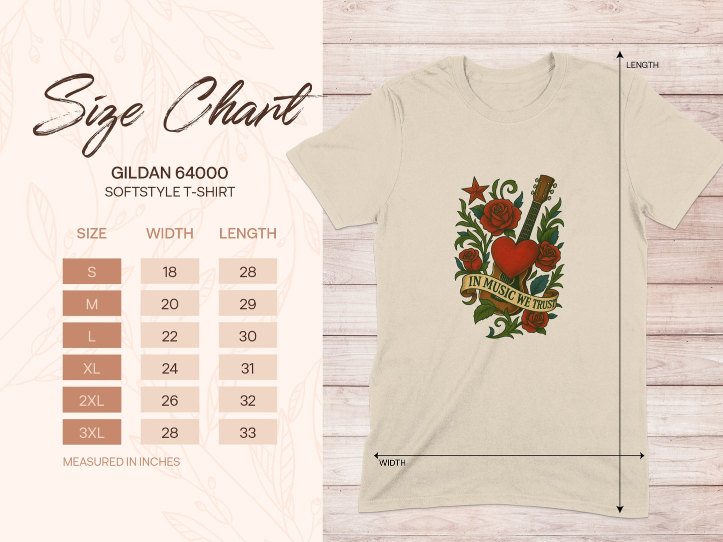 Gildan 64000 softstyle t-shirt size chart with measurements.