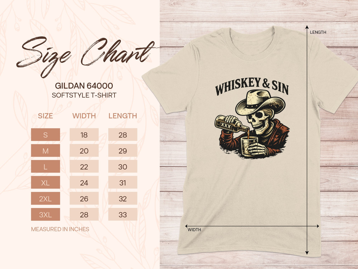 Size chart for Gildan 64000 t-shirt with skull holding whiskey.