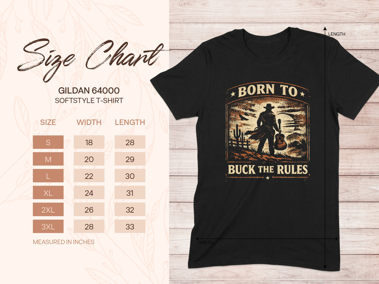 Gildan 64000 Softstyle T-Shirt size chart and "Born to Buck the Rules" graphic.