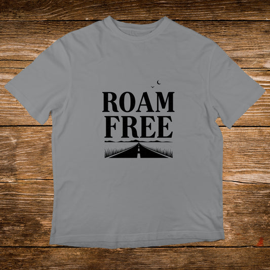 Grey t-shirt with "ROAM FREE" text and a road scene.