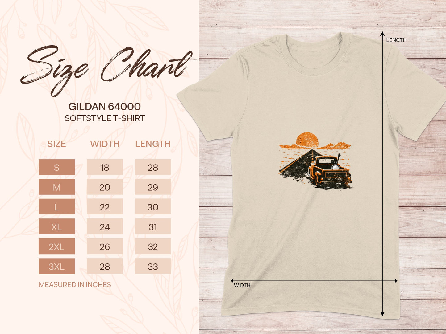 Gildan 64000 t-shirt size chart with measurements.