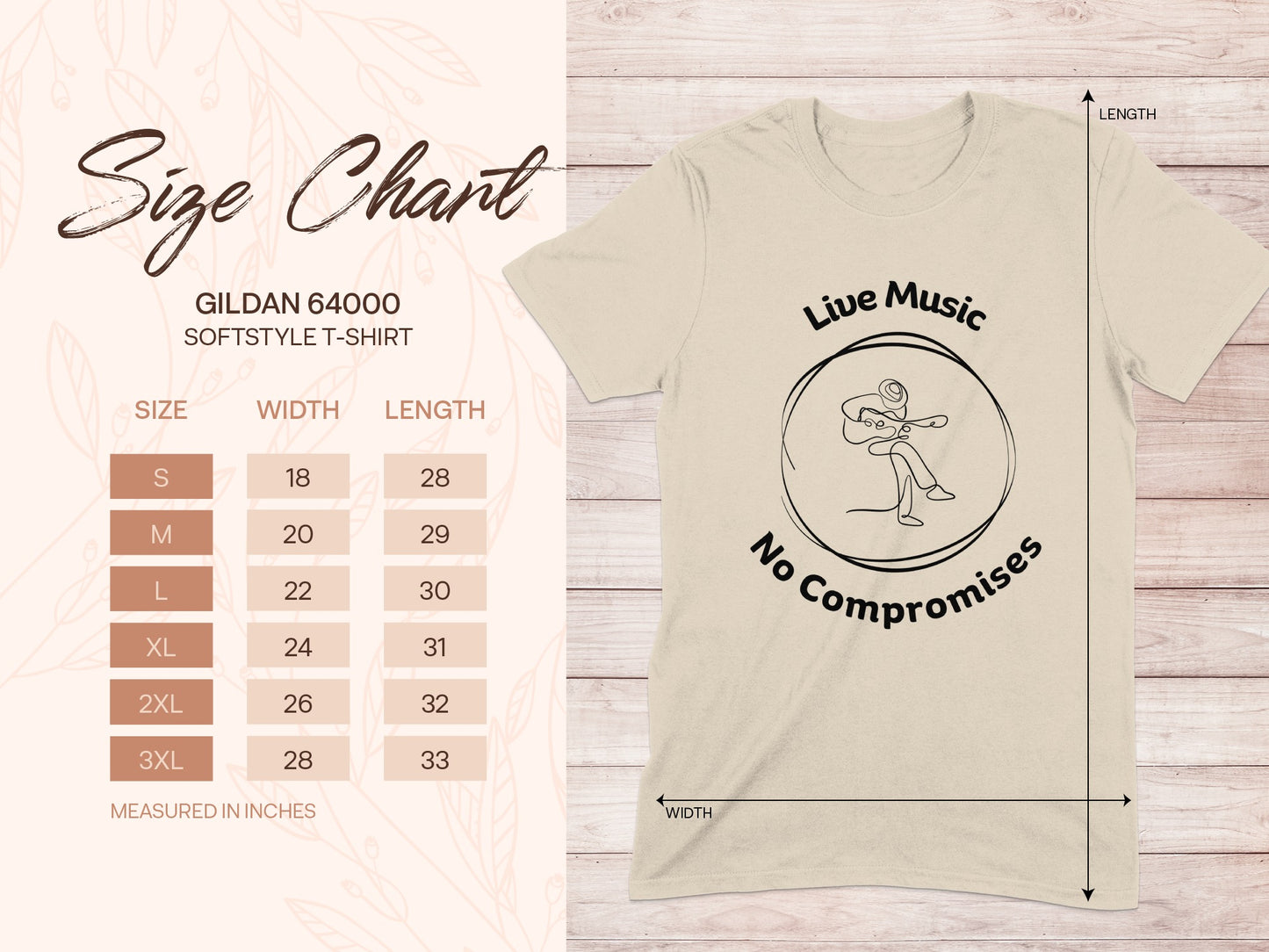 Gildan 64000 size chart with live music graphic and text "No Compromises".