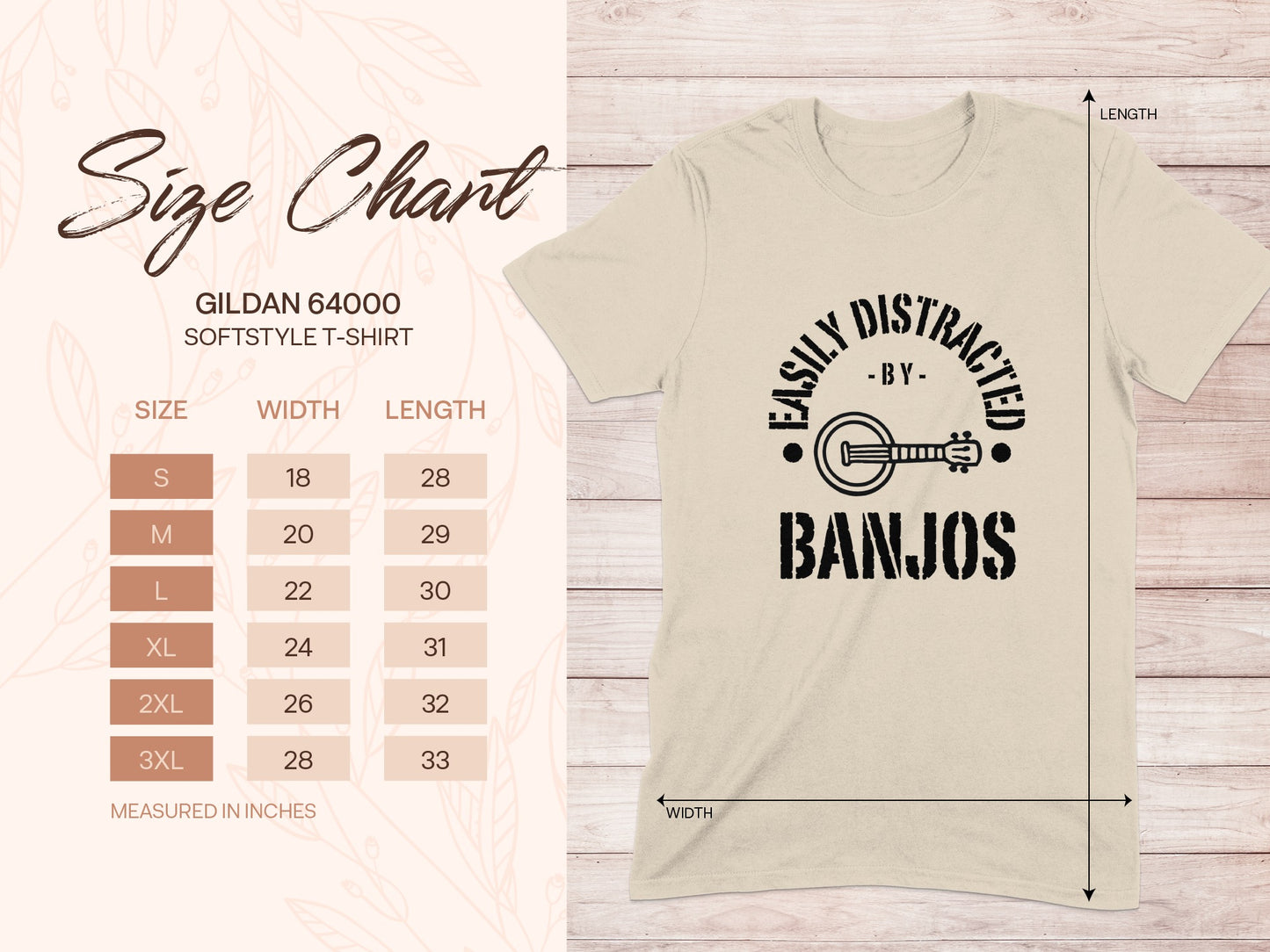 Gildan 64000 softstyle t-shirt size chart with "Easily Distracted By Banjos" graphic.