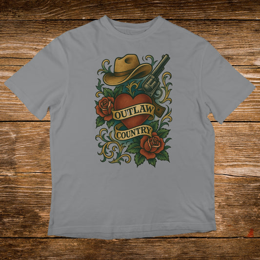 Outlaw Country Hat Roses Gun Heart Tattoo Style Shirt