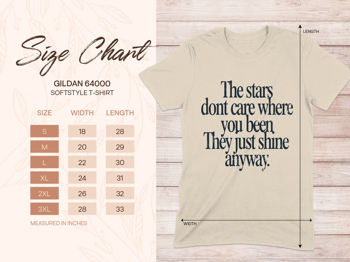 Gildan 64000 size chart for softstyle t-shirt with text graphic.