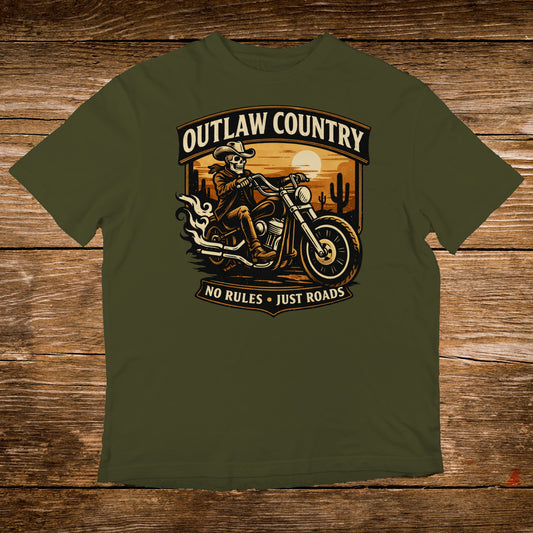 Olive green t-shirt with "OUTLAW COUNTRY NO RULES JUST ROADS" and a skeleton biker.