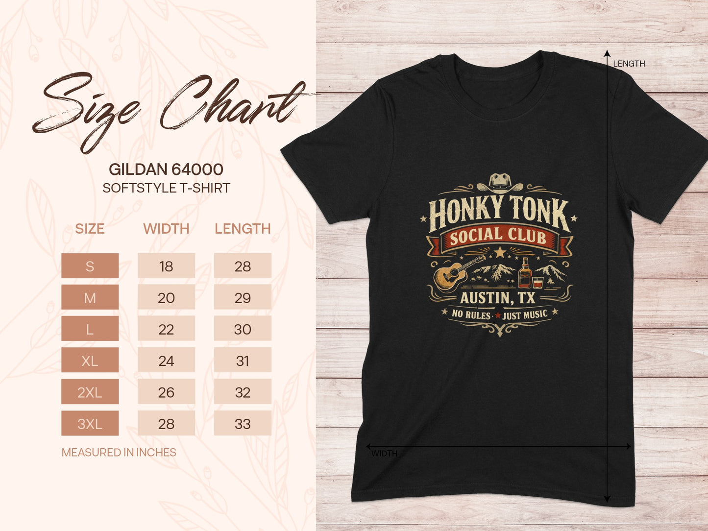 Gildan 64000 t-shirt size chart showing measurements for softstyle t-shirts.