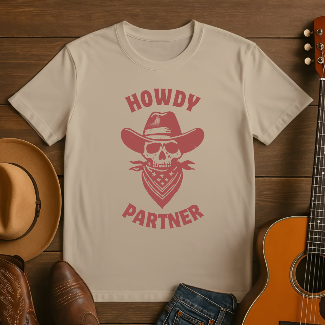 Howdy Partner Skull Western Cowboy T-Shirt