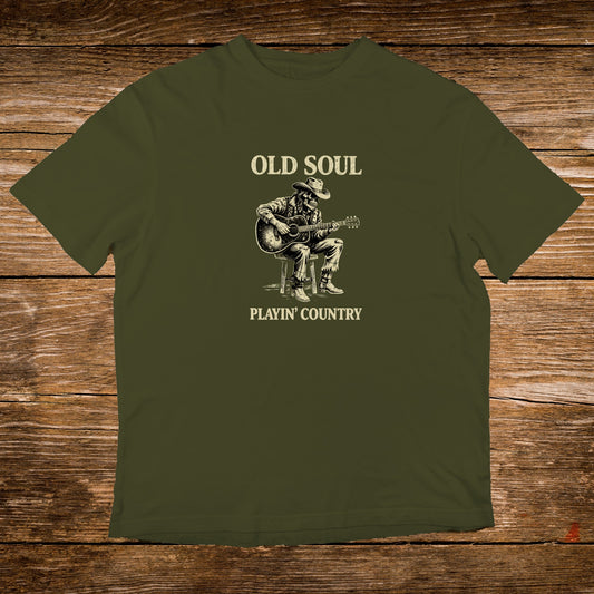 Olive green t-shirt with skull playing guitar, "Old Soul Playin' Country" text.