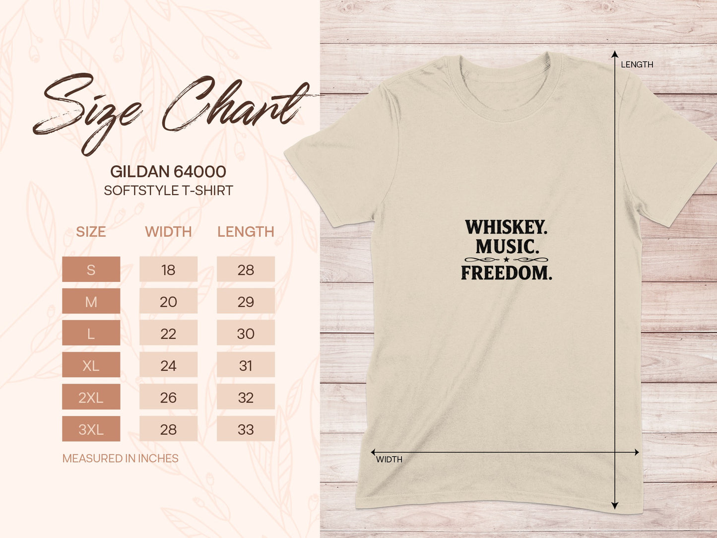 Gildan 64000 size chart with measurements for whiskey, music, freedom t-shirt.