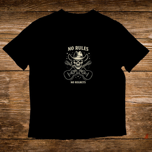 Black t-shirt with skull wearing a cowboy hat, two guitars, and text "NO RULES NO REGRETS".