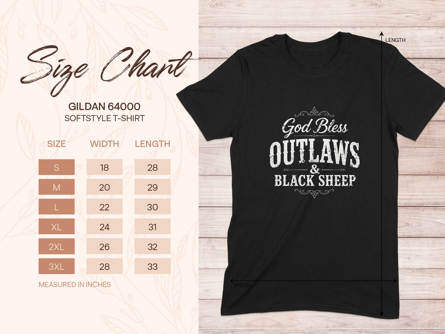 Gildan 64000 Softstyle T-shirt size chart and "God Bless Outlaws & Black Sheep" graphic tee.