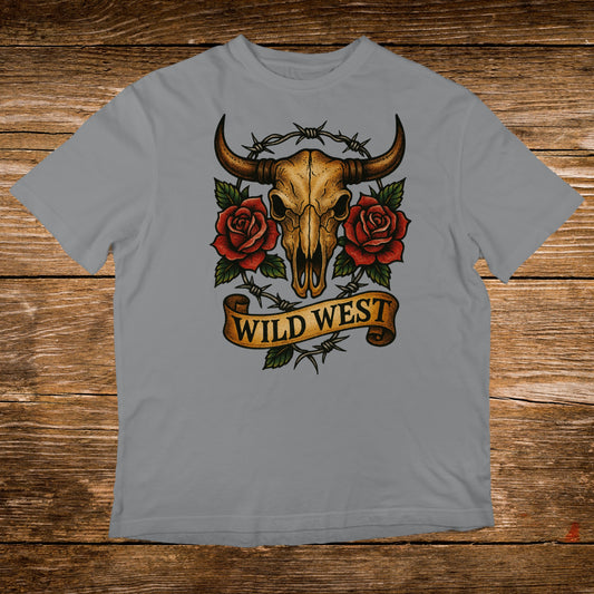 T-shirt with a bull skull, roses, and barbed wire, reading "Wild West".