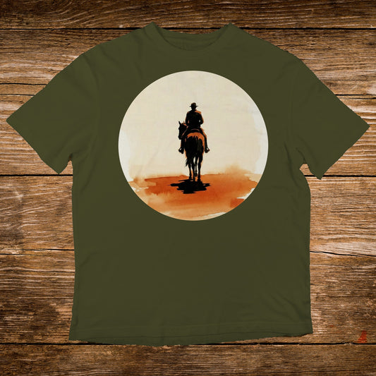Silhouette of a person on horseback against a large circular, sunset-like background.