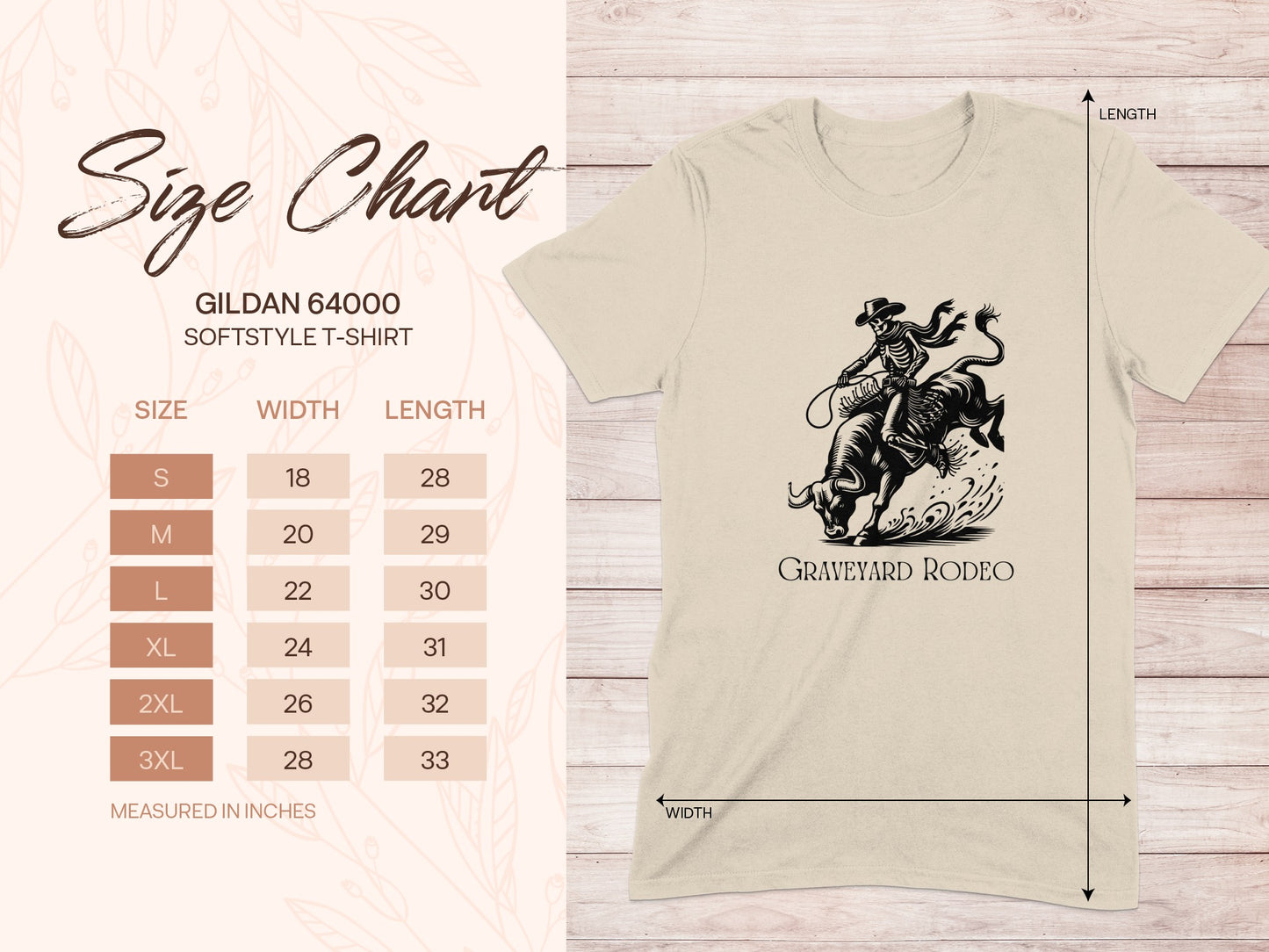 Gildan 64000 t-shirt size chart with measurements for size, width, and length.