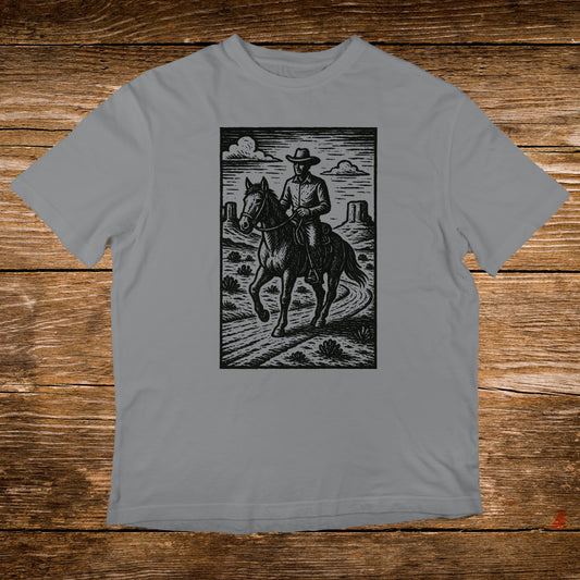 Cowboy on horseback in a desert landscape, illustrated in black and white.