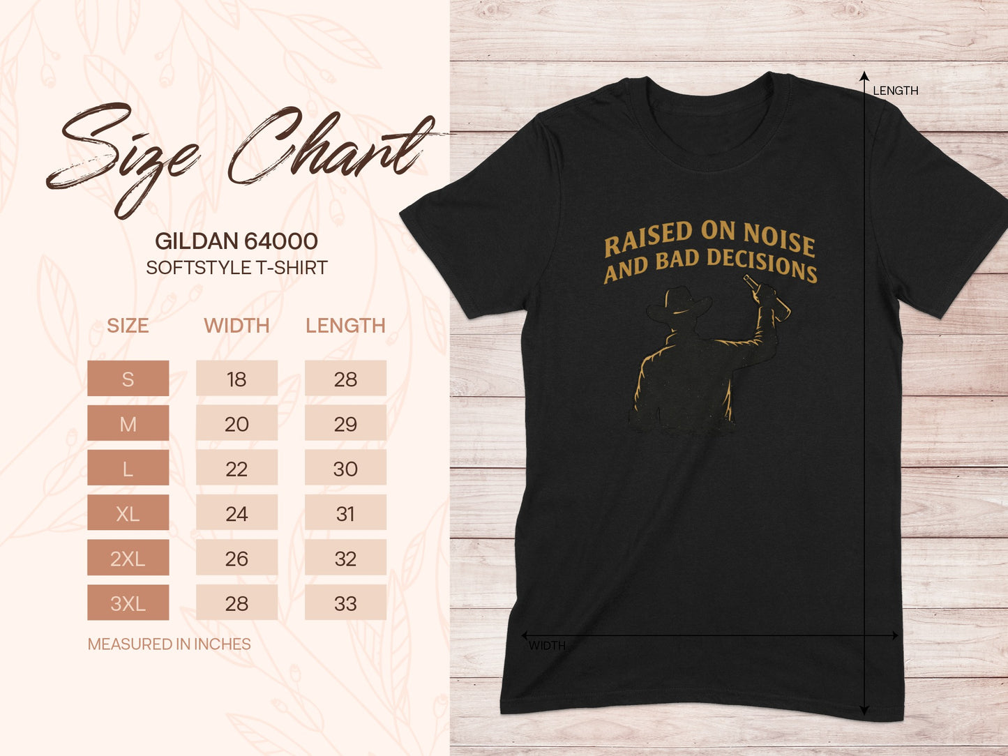 Gildan 64000 t-shirt size chart with "Raised on Noise and Bad Decisions" graphic.