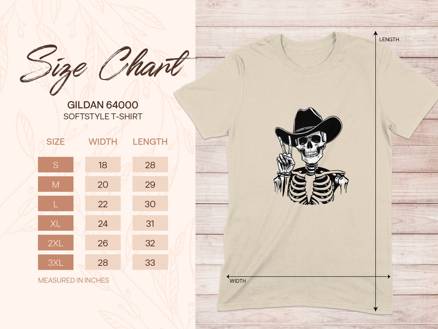 Gildan 64000 softstyle t-shirt size chart with skeleton graphic.