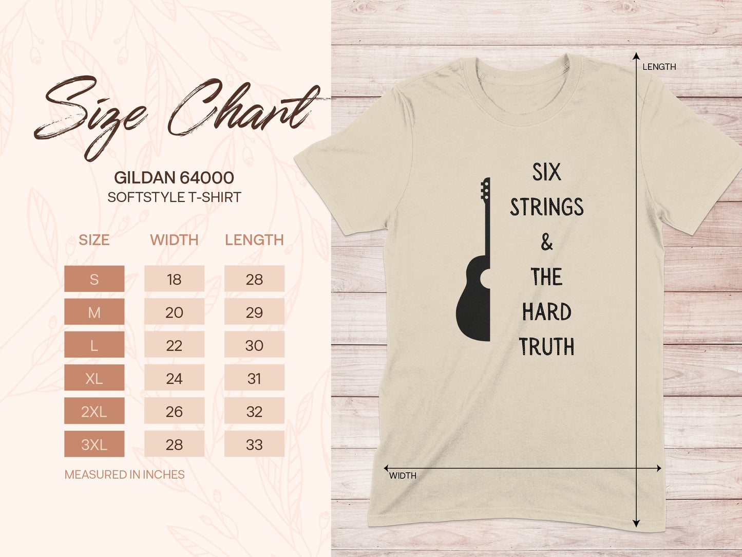 Gildan 64000 t-shirt size chart with shirt measurements in inches.