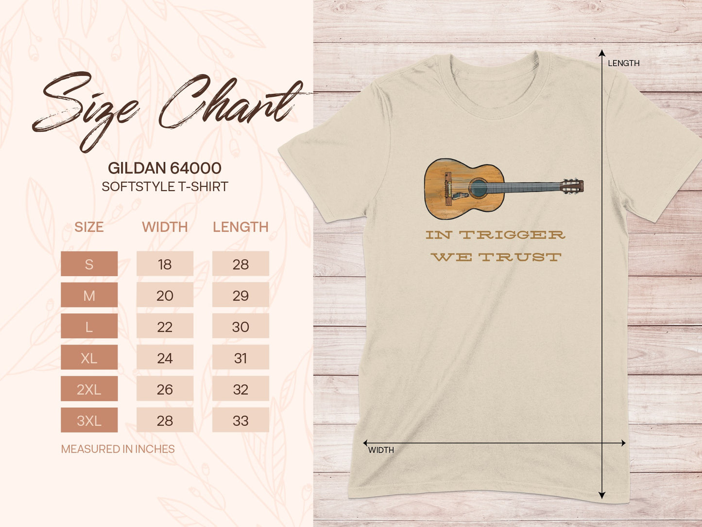 Gildan 64000 softstyle t-shirt size chart with guitar and text "In Trigger We Trust."
