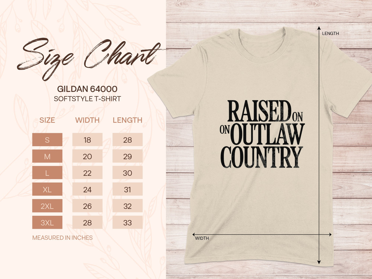 Gildan 64000 softstyle t-shirt size chart with "Raised on Outlaw Country" graphic.