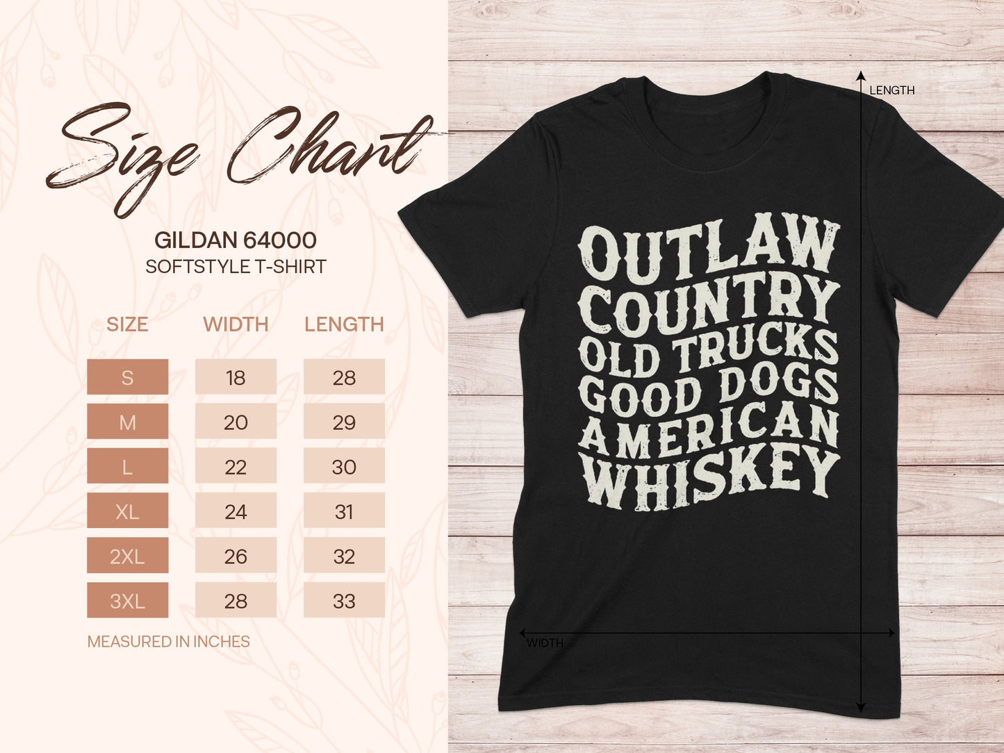 Gildan 64000 size chart and t-shirt with "Outlaw Country" graphic.