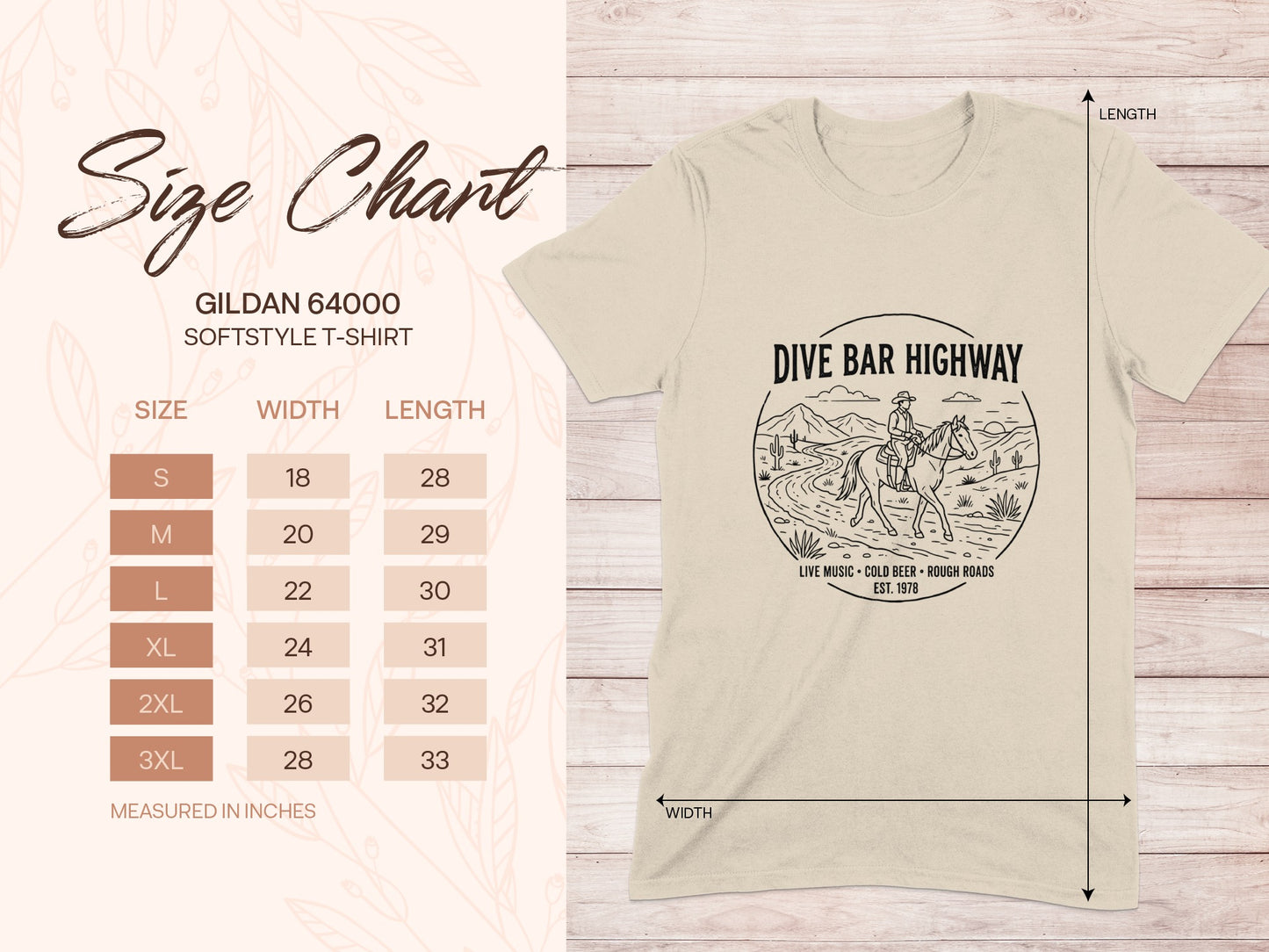 Gildan 64000 softstyle t-shirt size chart with graphic of cowboy on horseback.