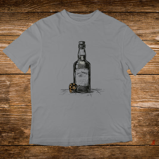 Gray t-shirt featuring a sketch of a Jack Daniel's whiskey bottle and a guitar pick.