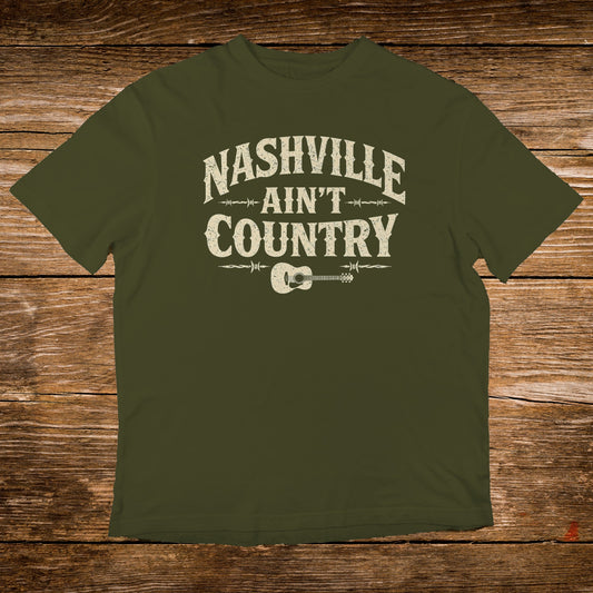Green t-shirt with "Nashville Ain't Country" and guitar graphic.