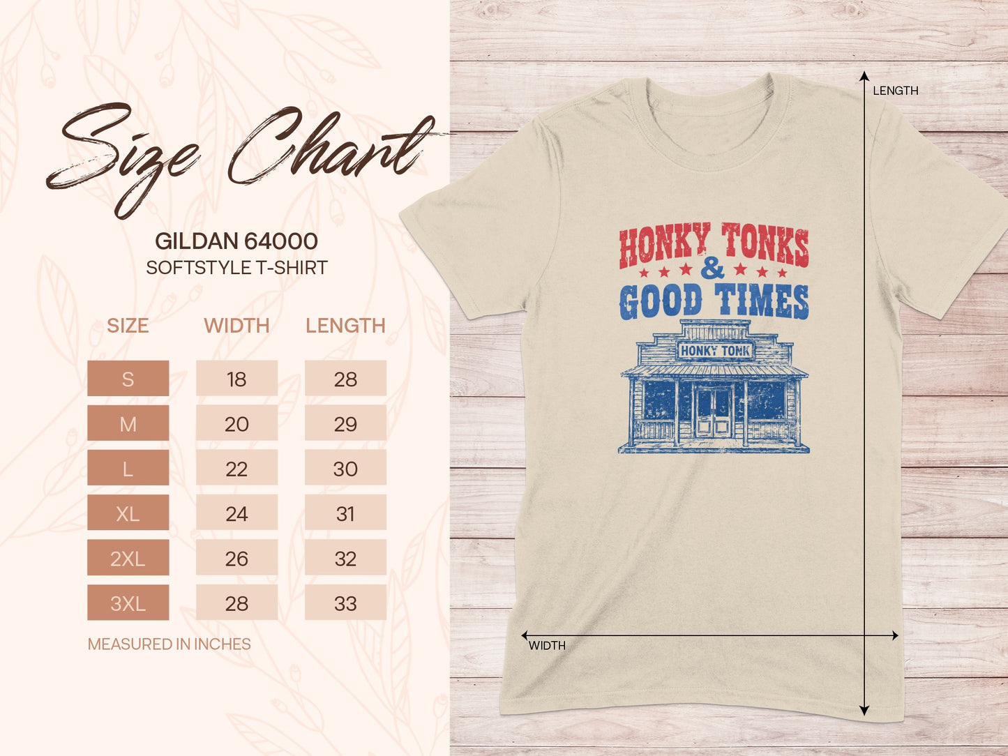 Gildan 64000 t-shirt size chart with Honky Tonks and Good Times graphic.