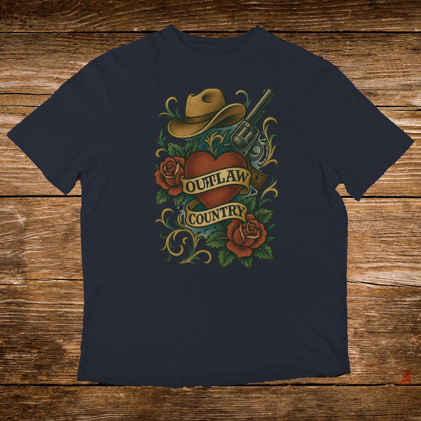 Outlaw Country Hat Gun Rose Heart Graphic Shirt