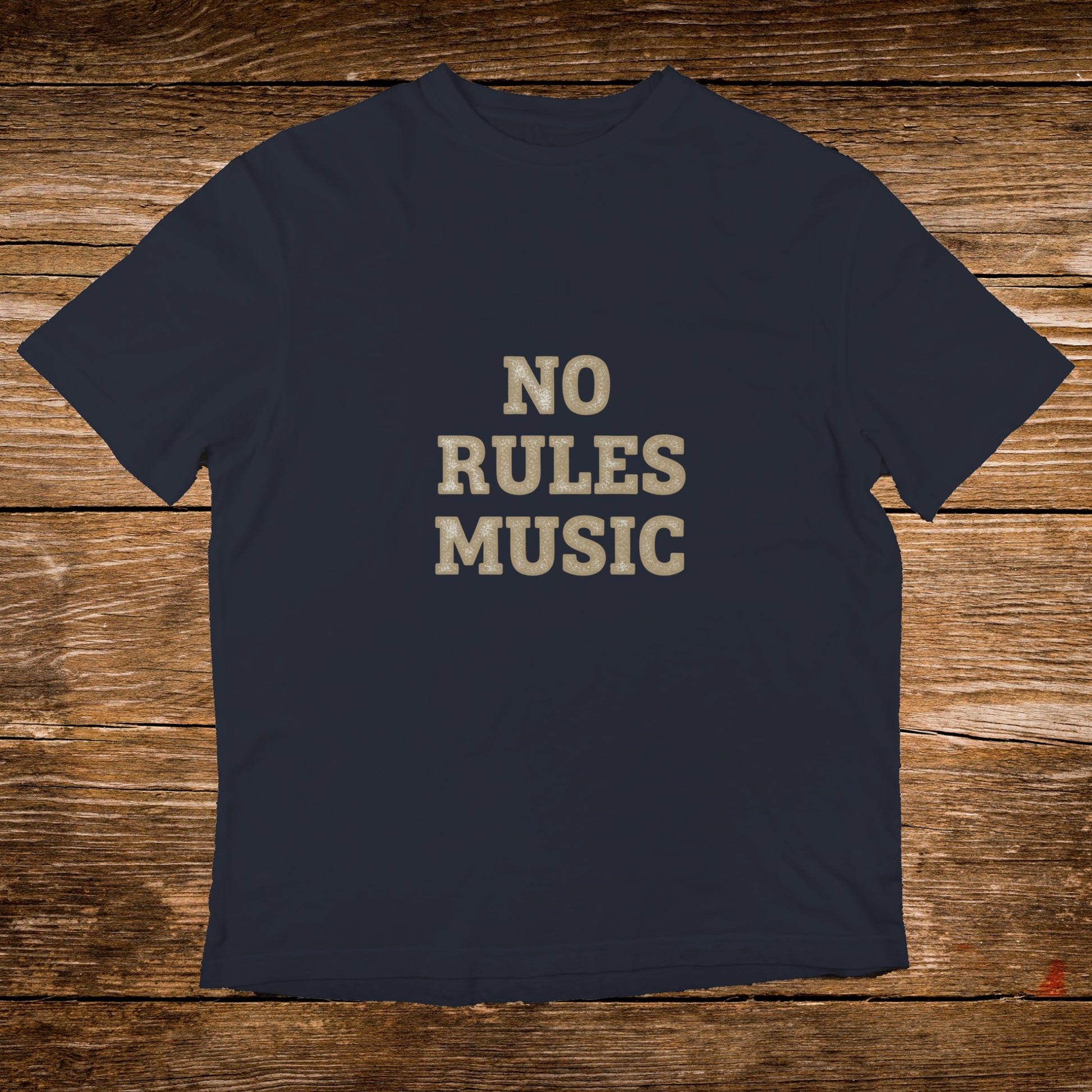 Dark navy t-shirt with "NO RULES MUSIC" in textured gold lettering.