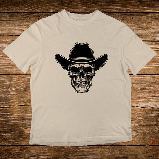 Cream t-shirt with a black cowboy hat and skull graphic.