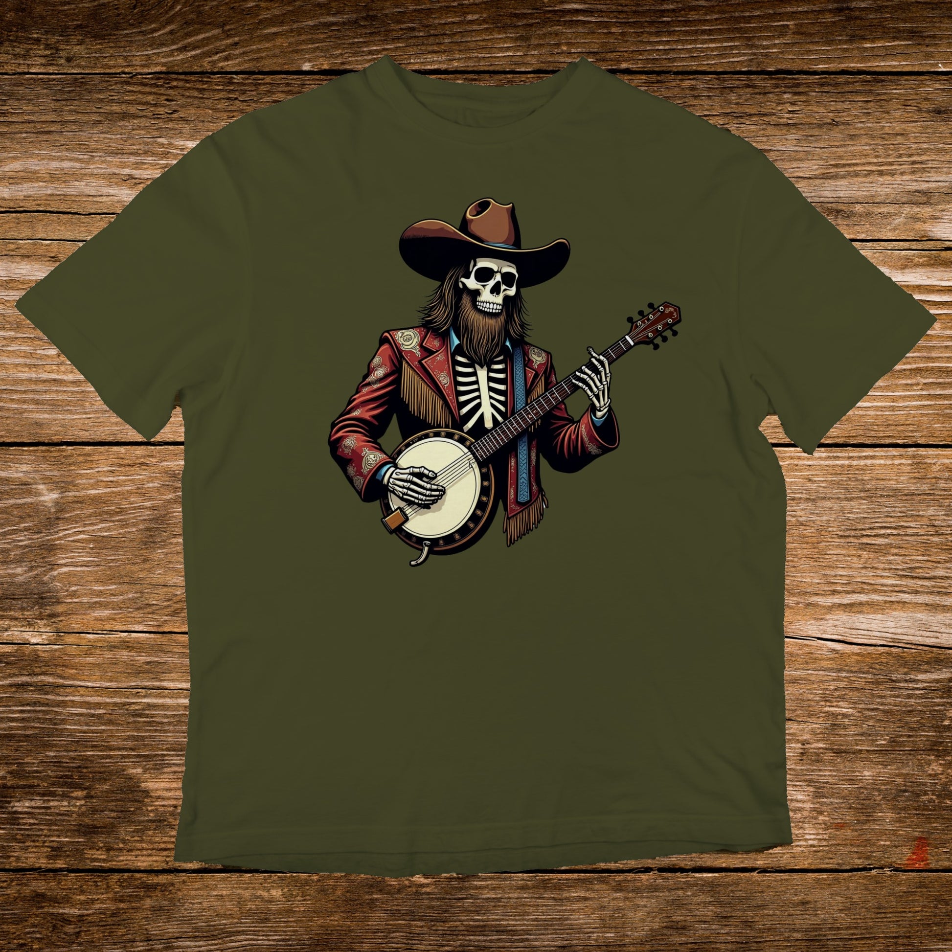 Skeleton cowboy playing banjo wearing a hat and jacket.
