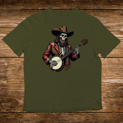 Skeleton cowboy playing banjo wearing a hat and jacket.