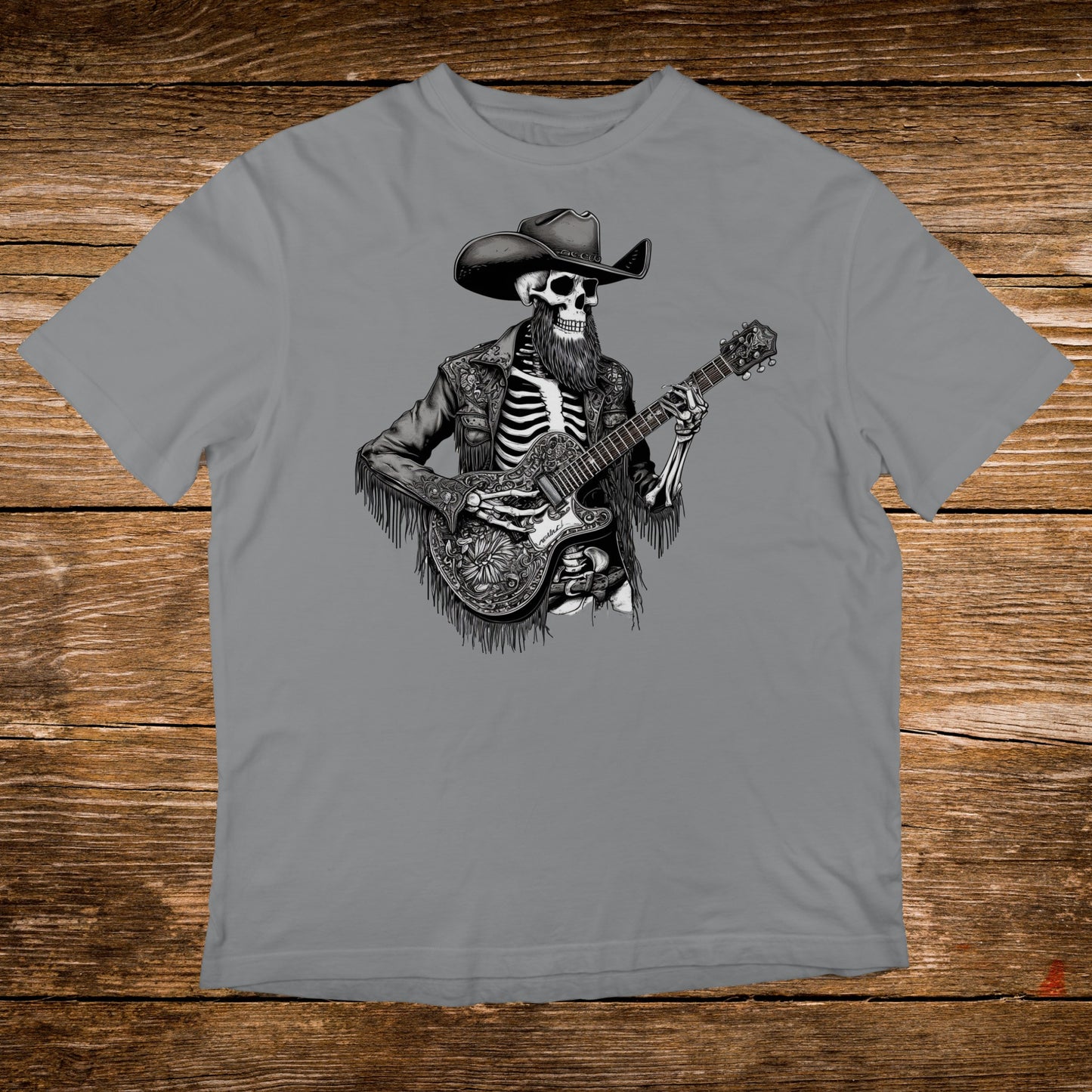 Skeleton wearing a cowboy hat and playing a guitar.