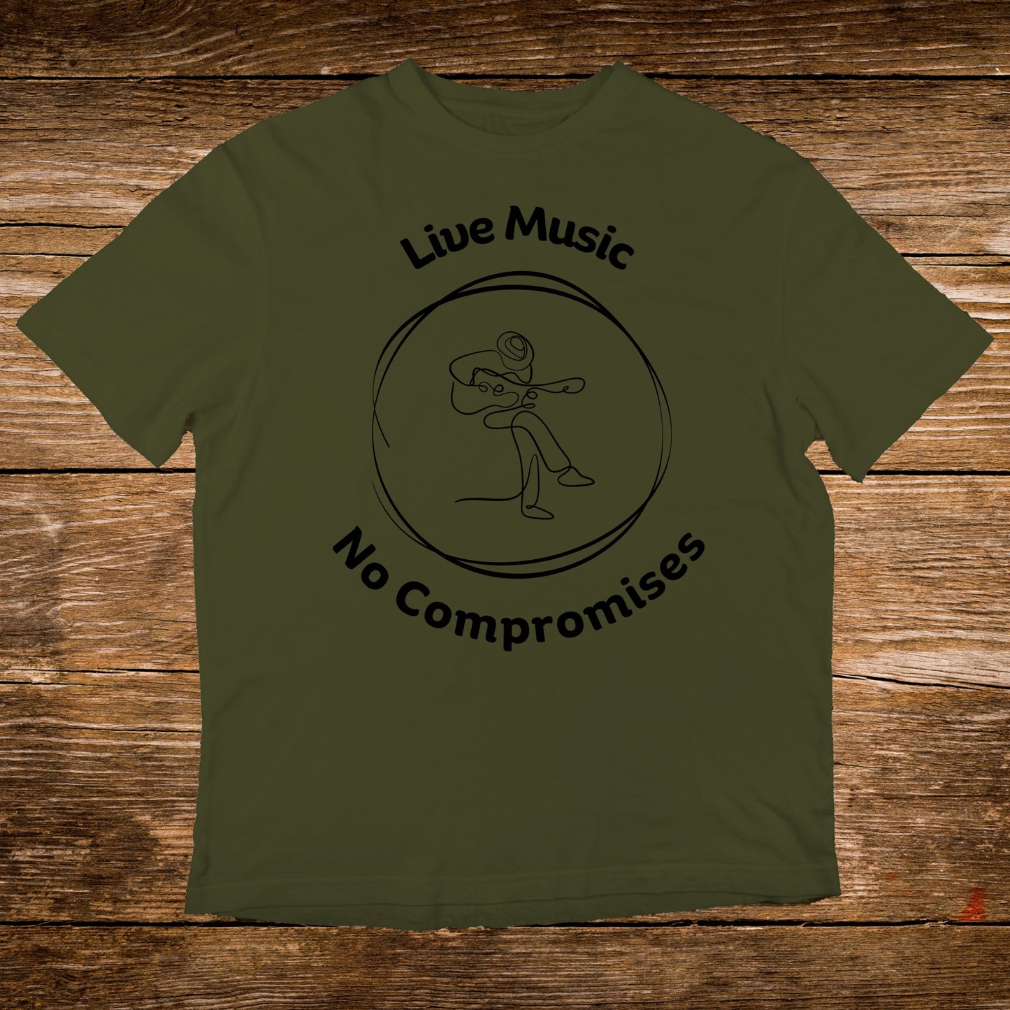 Olive green t-shirt with "Live Music No Compromises" and a guitar player design.