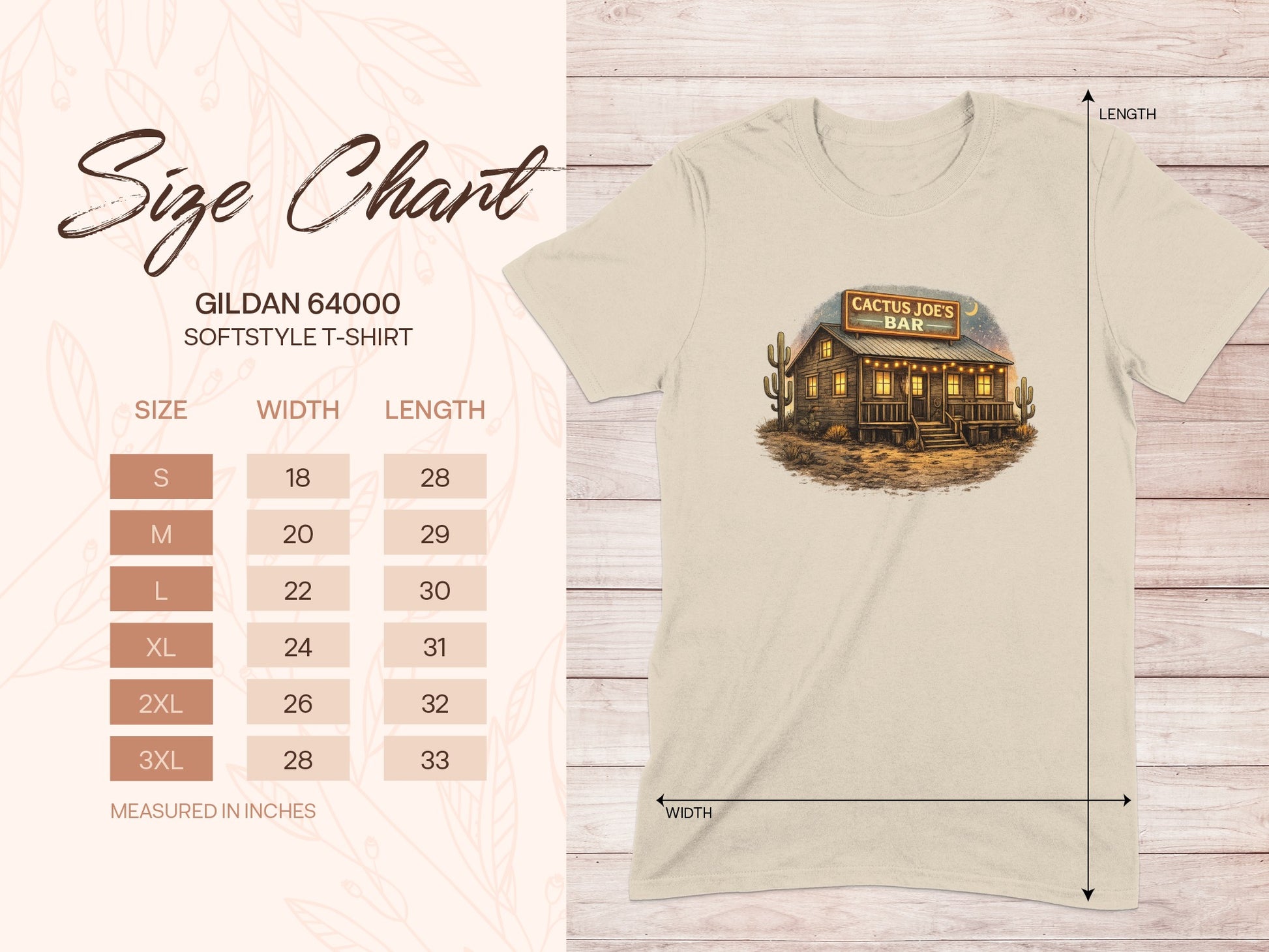 Gildan 64000 Softstyle T-Shirt size chart with Cactus Joe's Bar graphic.