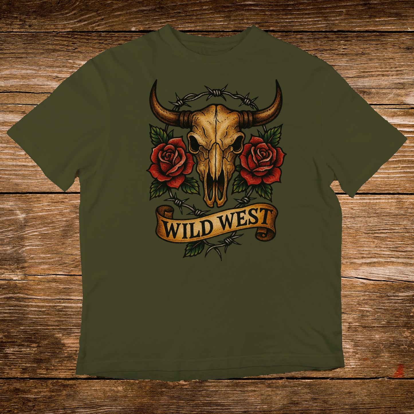 Green t-shirt with skull, roses, barbed wire, and "Wild West" banner.