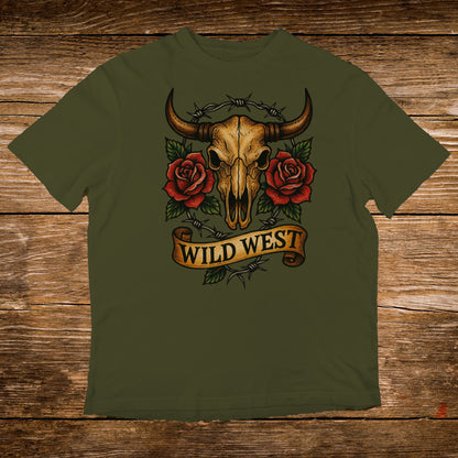 Green t-shirt with skull, roses, barbed wire, and "Wild West" banner.