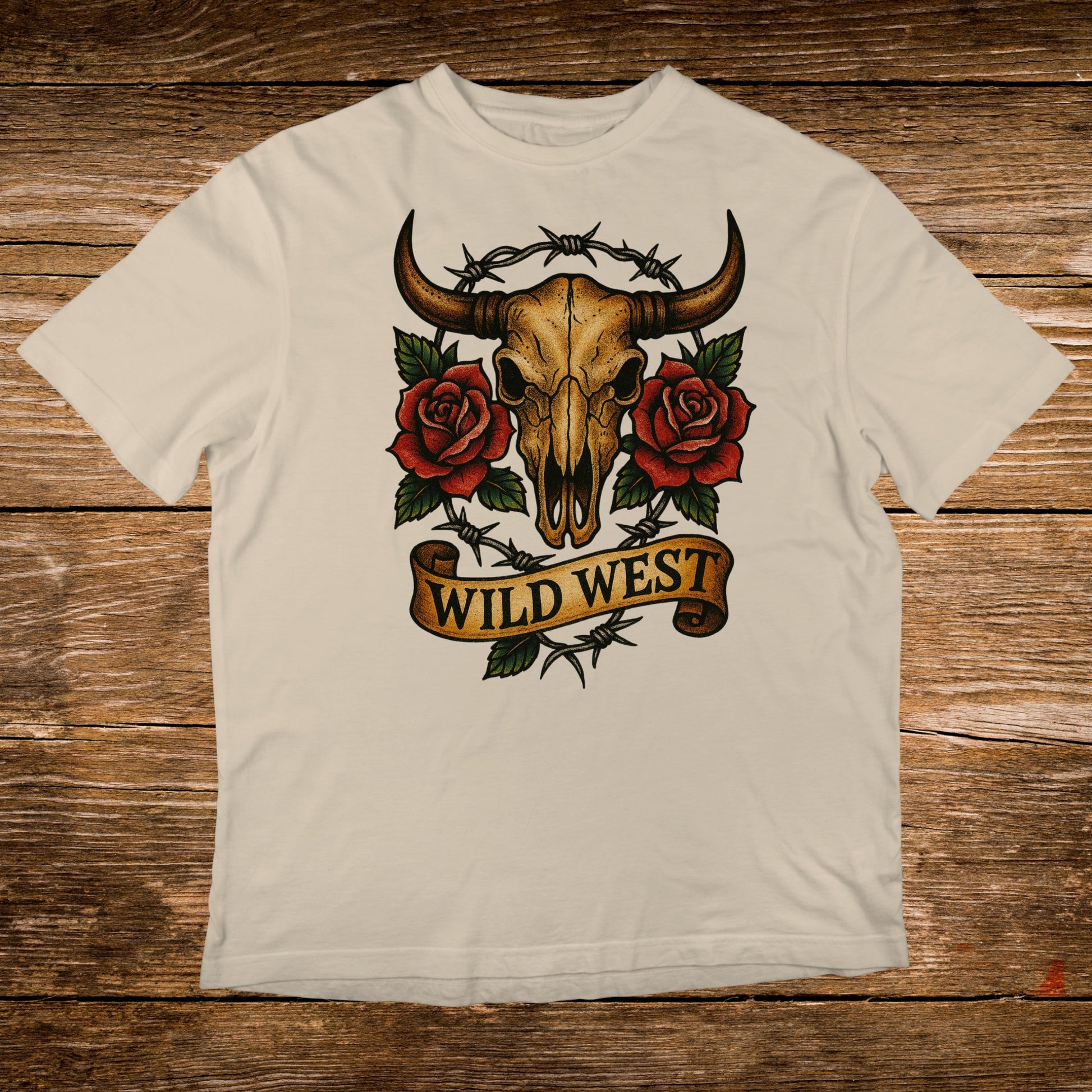 Cow skull with roses and barbed wire, "Wild West" banner.